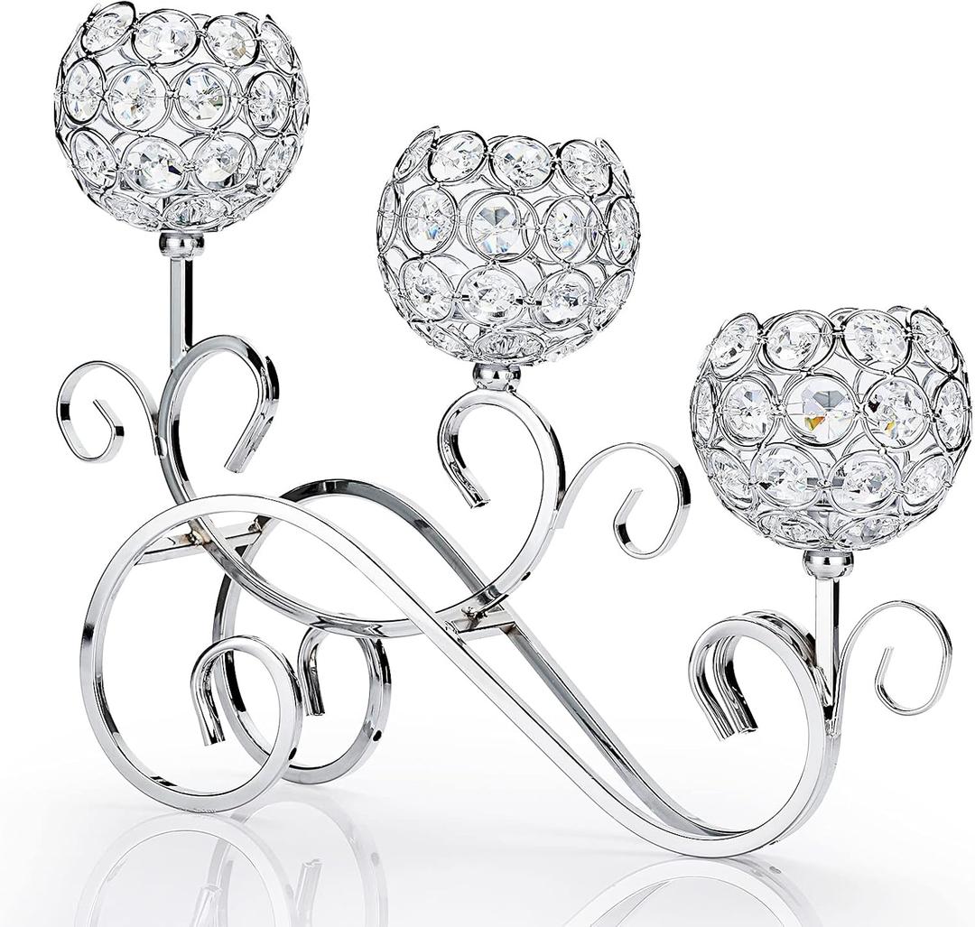 OwnMy 3 Arms Crystal Bowl Tealight Holder Candelabra Candle Holders, Crystal Votive Candle Stand Ornament Tea Light Candlestick Candle Centerpieces for Dining Table Home Decoration Wedding (Silver)