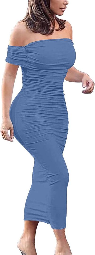 GOBLES Women's Elegant Strapless Off Shoulder Bodycon Midi Cocktail Party Dress (Blue, L)