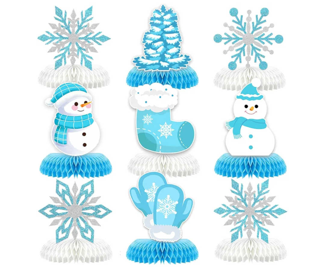 9Pcs Winter Wonderland Decorations 3D Snowflake Honeycomb Table Centerpieces for Frozen Winter Blue White Theme Christmas Baby Shower Birthday Party Supplies Snowman Blue