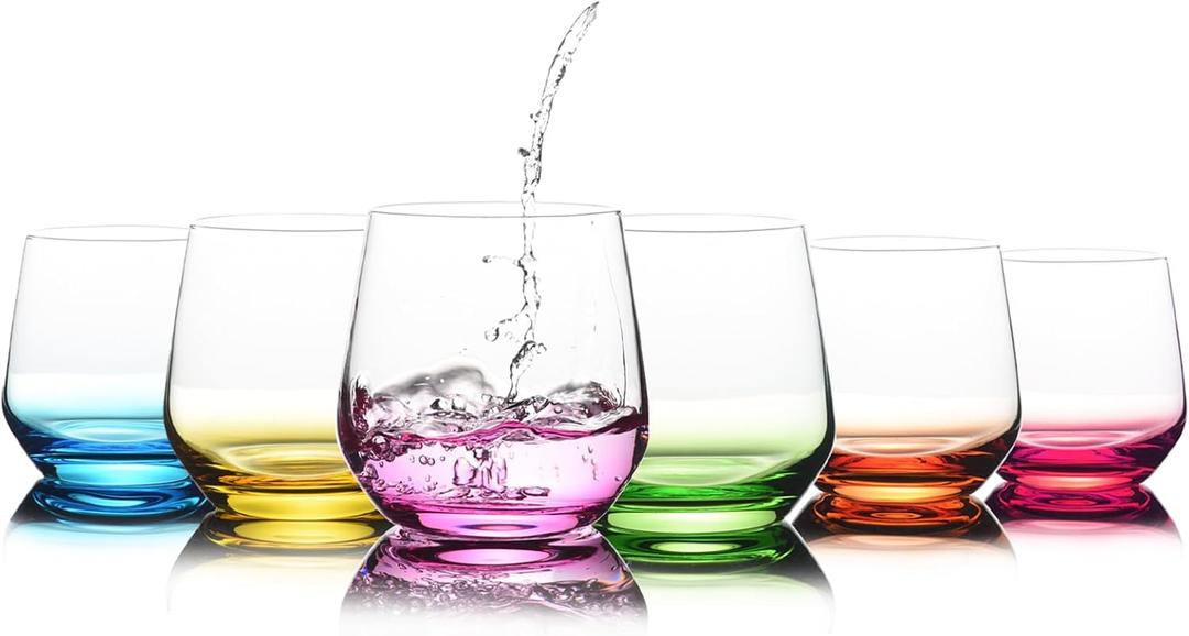 Stemless Wine Glasses Set of 6 - Hand Blown Colored Short Wine Tumblers - 15 oz Elegant Sparkling Wine Glass - Unique Gift for Birthday, Wedding, Mothers Day