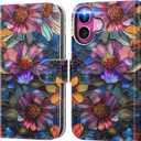 DEENAKIN for iPhone 17 Wallet Case with Card Holder + Cash Clip, RFID-Blocking, Military-Grade Drop Protection & UV-Printed Artwork, Magnetic Closure with Leather Kickstand - Vibrant Defined Blossoms