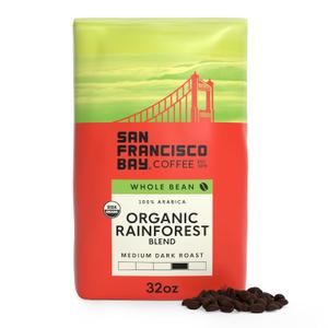 San Francisco Bay Whole Bean Coffee, Organic Rainforest Blend (32 oz Bag), Medium-Dark Roast, USDA Organic Coffee Beans (EXP 06/25/26)