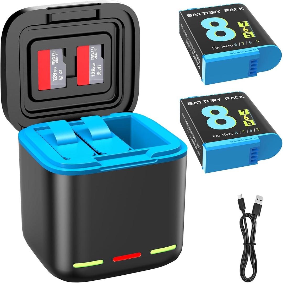 Battery Charger for Hero 8/7/6 Battery 2-Pack 1500mAh and USB Storage 3-Channel Fast Charger Fully Compatible with GoPro Hero 8, Hero 7, Hero 6 Black Official with Micro SD Card Slot