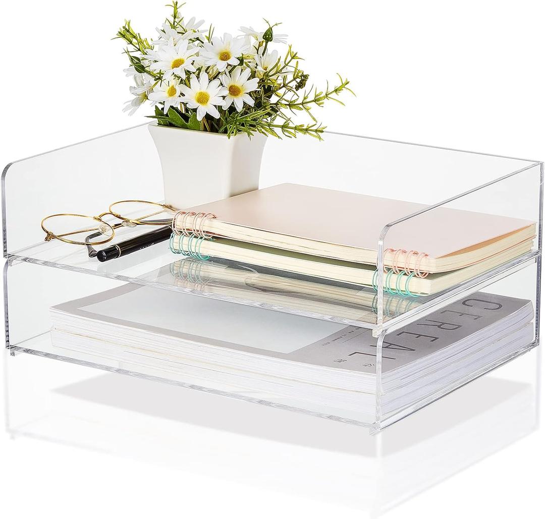 Yulejo 2 Pcs Stackable Acrylic Desk Organizers Paper Tray Storage Tier Accessories Paper File Office Organizer Tray Stackable Document Clear Desk Accessories for Office Workspace Organization
