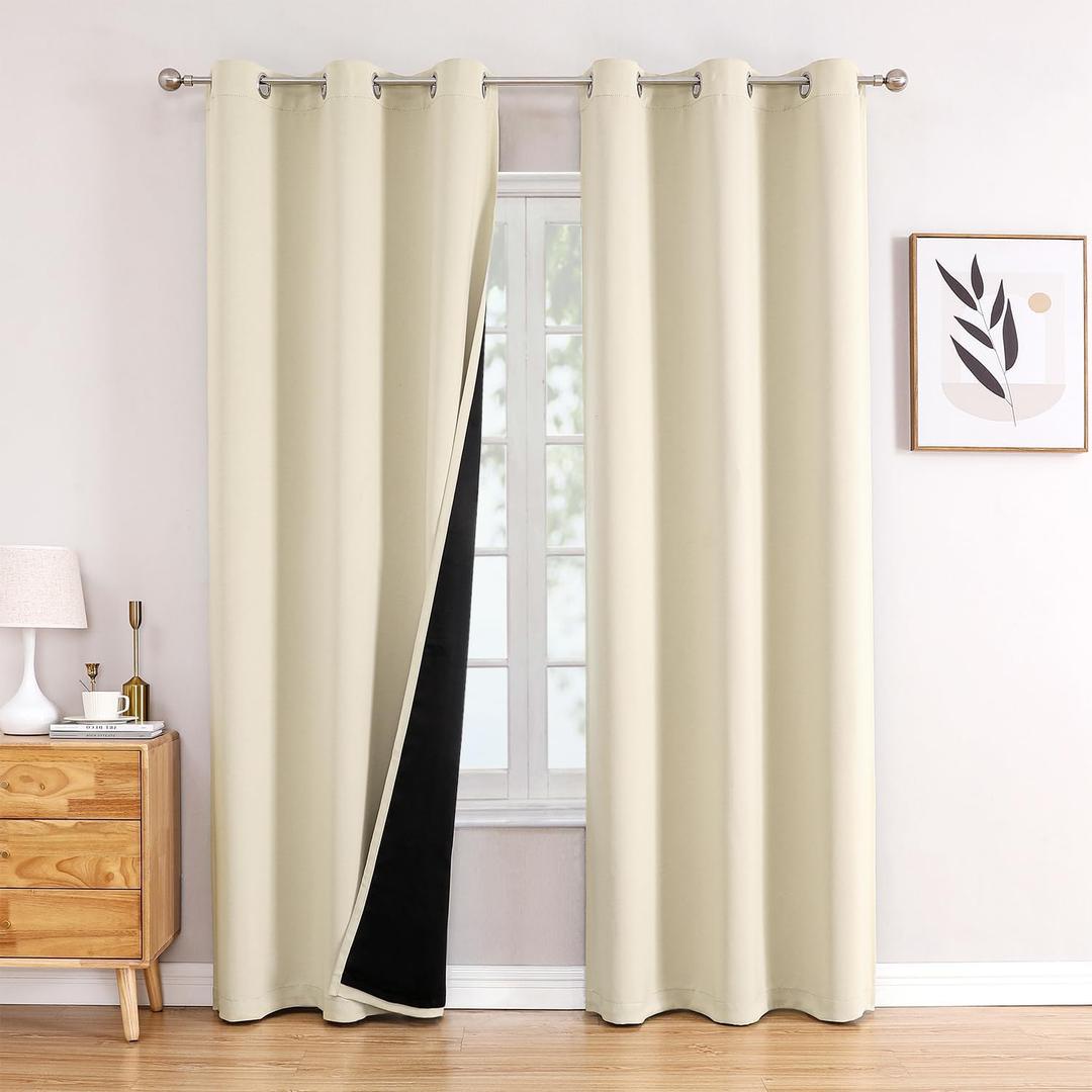 ChrisDowa 100% Blackout Curtains 72 inch Long for Bedroom with Black Liner, 2 Thick Layers Total Blackout Thermal Insulated Grommet Window Curtains 2 Panels Set (Light Beige, 42 x 72 Inch)