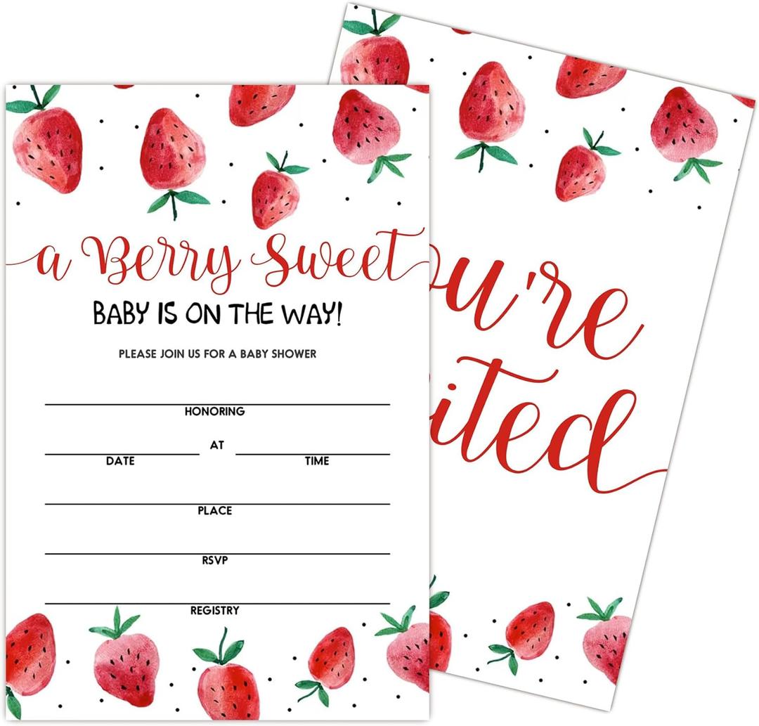 10 x Baby Shower Invitations for Girl, Strawberry Baby Shower, 25 Strawberry Theme Party Invitations with Envelopes, Gender Reveal, Cute Berry Sweet Party Decorations Supplies 4x6 inch (Red)