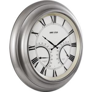ANDY STAR 24 Inch Outdoor Clocks Waterproof, Large Outdoor Wall Clocks for Garden Patio Pool, Weatherproof Illuminated Metal Clock Battery Operated with Thermometer&Hygrometer, Silver Non Ticking