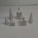 Mokof Christmas Village Set - 6 White Ceramic Houses with Remote LED Tea Lights and 8 Mini Trees, Farmhouse Christmas Decorations Indoor for Fireplace, Mantel, Tabletop, Shelves Winter Holiday Decor