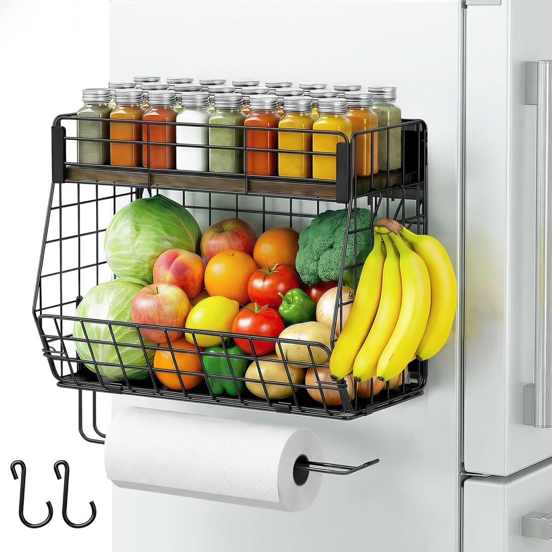 Magnetic Spice Rack for Refrigerator with Paper Towel Holder, Fruit Basket with 2 Hooks for Kitchen Storage and Organizer, FullEnclosed Magnetic Shelf 33 lbs for Laundry, Pantry, Coffee Bar and RV