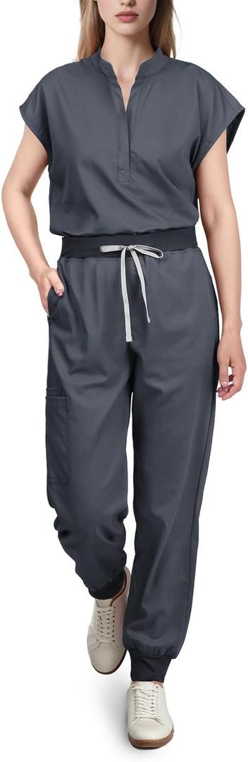 Scrubs for Women Set - with Sleeveless Stand-Up Collar Scrub Top & Jogger Scrub Pants, 8-Pocket Design (Medium, Charcoal Gray)
