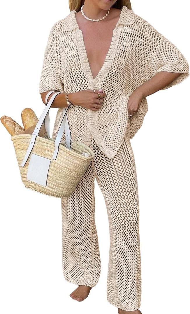 Famulily Womens Sexy Hollow Out Swimsuit Cover Up Sets Button Up Tops and Drawstring Pants 2 Piece Beach Set (Medium, Khaki)