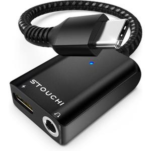 Stouchi USB C to 3.5mm Headphone and Charger Adapter, 2 in 1 USB C to Aux Audio Jack with Safe 30W Fast Charging Hi-res DAC Compatible with Samsung S22 S21 Plus Ultra Note 20/10 Pixel 9/6/5/XL -Black