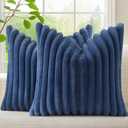 decorUhome Cozy Faux Fur Throw Pillow Covers 26x26 Set of 2 Decorative Soft Plush Striped Modern Farmhouse Boho Couch Euro Sham Pillow Cases with Velvet Back for Sofa Bed Living Room, Blue