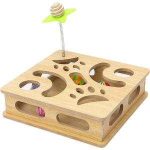 Interactive Wooden Cat Puzzle Toy Box Indoor Hunting Play Toy to Stimulate Your Cats Energy and Instincts (Burlywood)