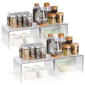 Hampsele Acrylic Kitchen Cabinet Organizer Shelf, Spice Rack, Plate and Cupboard Storage Riser, Versatile Pantry Shelf, Durable Clear Countertop Organizer for Home and Kitchen(4 PCS)