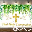 Greenery First Holy Communion Backdrop 7x5ft Polyester First Communion Decorations God Bless Baptism Photo Banner for Boys Girls Newborn Christening Confirmation Backdrop with Ribbon