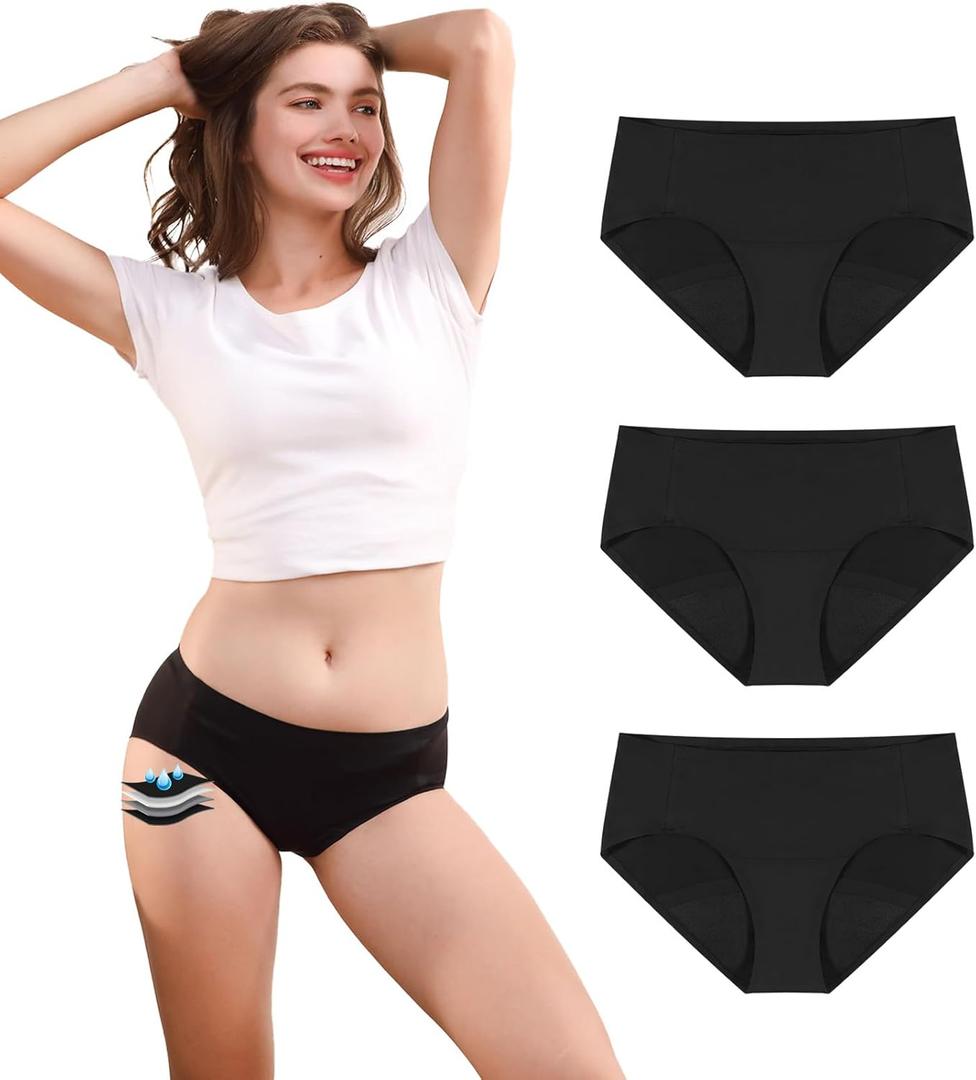 Carer 3pk Period Underwear for Women Washable Leak Proof Underwear for Womens Menstrual Heavy Flow Bladder Leak Mild Incontinence Underwear for Women Black M