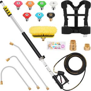 24FT Aluminum Telescoping Pressure Washer Wand with Power Washer Extension Wand, Gutter Cleaner Attachment, Brush Head, 7 Spray Nozzle Tips, 3 Hose Inlet Adapters and Support Harness1 24FT Aluminum Telescoping Pressure Washer Wand with Power Washer Extension Wand, Gutter Cleaner Attachment, Brush Head, 7 Spray Nozzle Tips, 3 Hose Inlet Adapters and Support Harness1