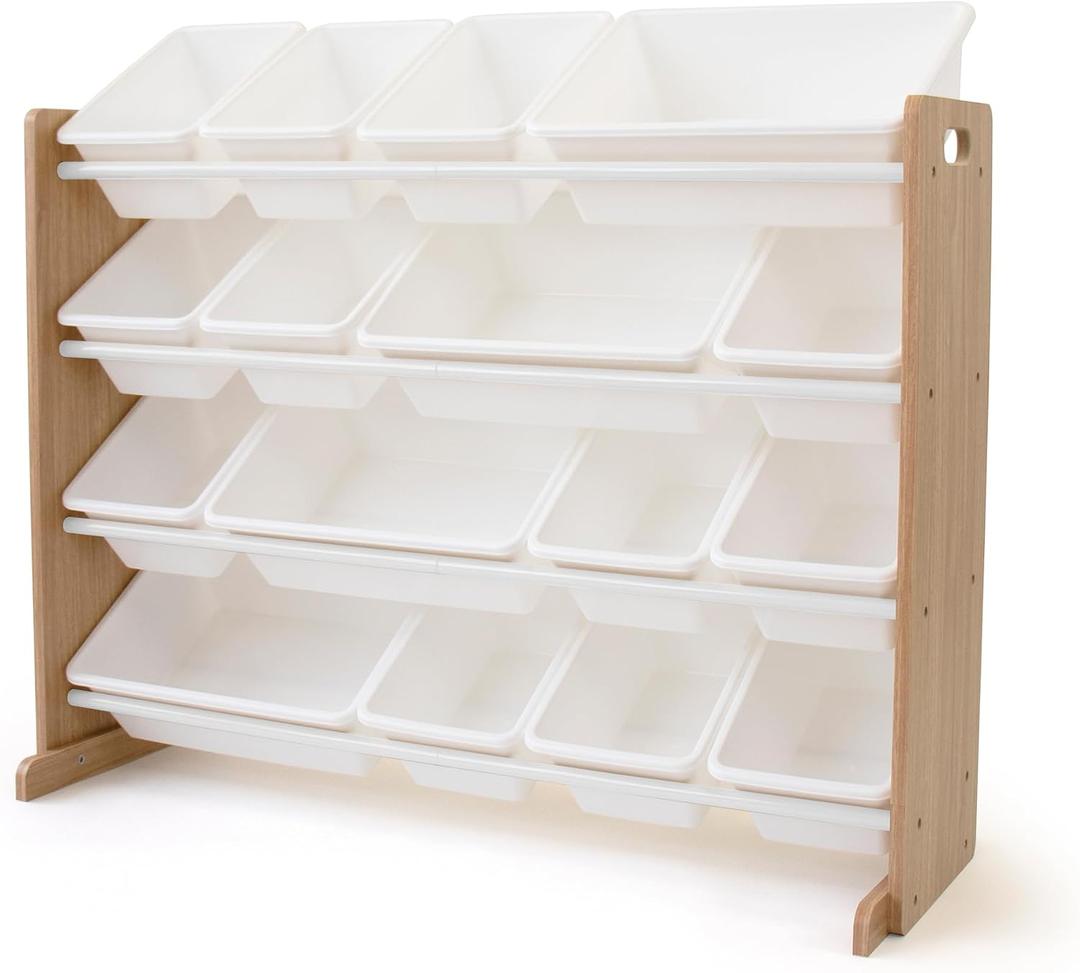 Humble Crew Toy Storage Organizer with 16 Removable Storage Bins for Kids Playroom, 4-Tier Toddler Toy Organization and Storage, Natural Wood/White, Universal