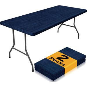 Smiry 2 Pack Rectangle Table Cloth 4 Foot, Waterproof Elastic Fitted Tablecloths, Windproof Washable Polyester Table Cover for Picnic, Camping, Outdoor (Navy & Black, 30"x48")