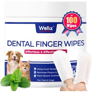 2 x Wellix 100 Count Dog Teeth Cleaning Wipes for Dogs & Cats - Natural Formula Dental Care Finger Wipes Reduces Dog Plaque, Tartar & Bad Breath - No-Rinse Disposable Dog Dental Wipes