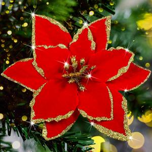 12Pcs Poinsettia Flower Artificial Poinsettia with Stem Christmas Decor Glitter Poinsettia Christmas Ornaments Christmas Tree Flower Decoration DIY Xmas Wreath Mantle Party Decor (Red)