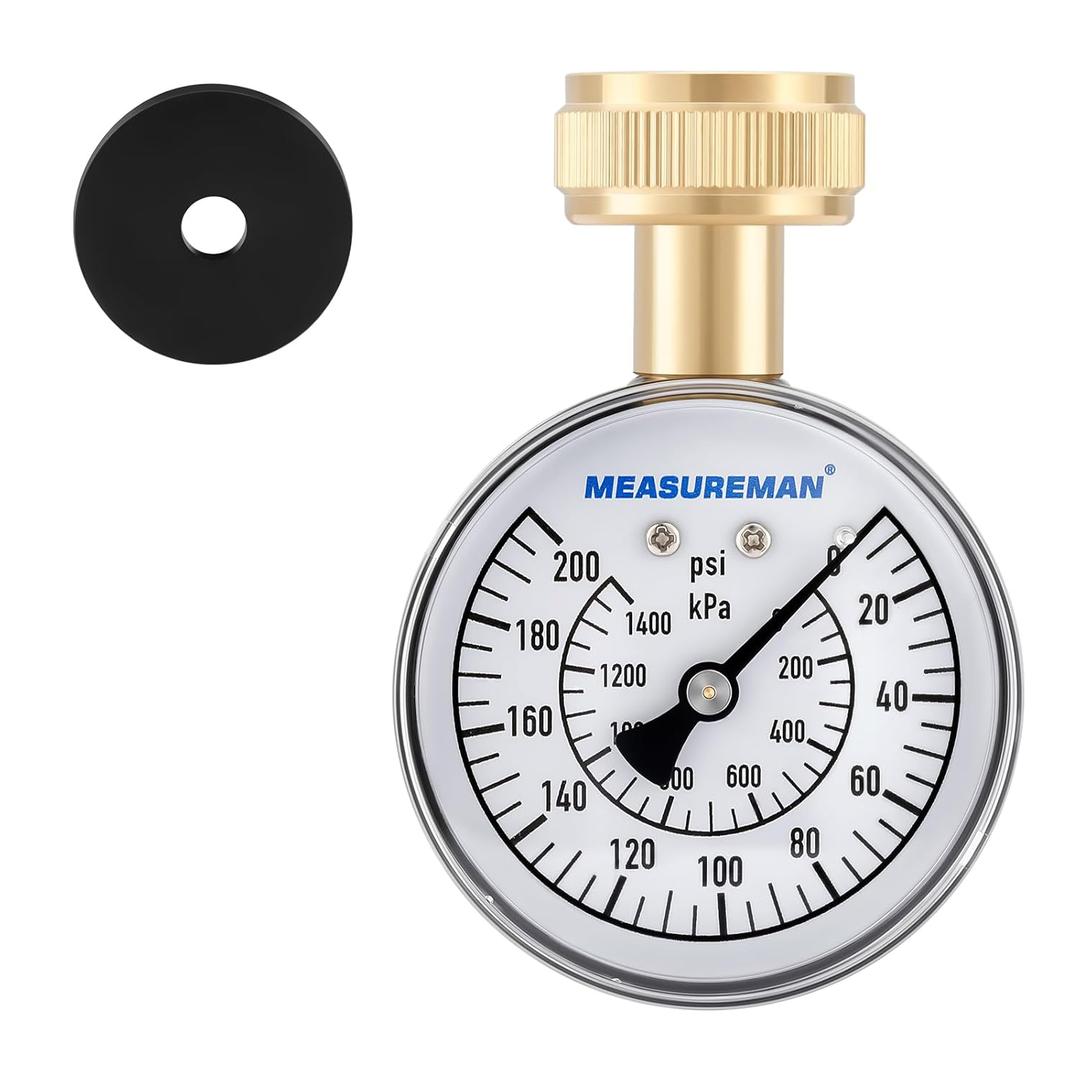 MEASUREMAN Water Pressure Gauge, 0-200 PSI Water Pressure Tester with 2-1/2 Inch Dial & Durable 3/4 Inch Hose Thread, Ideal for Home, Hose Bib (Waterproof Case, Black) (Integral)