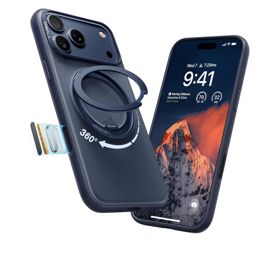 TORRAS for iPhone 17 Pro Case 360 Magnetic Stand O3 Fitness Series, [Fit for MagSafe] [360° Rotating Kickstand] 4X Mil-Grade Shockproof, Camera Control Button, Slim, Translucent Deep Blue