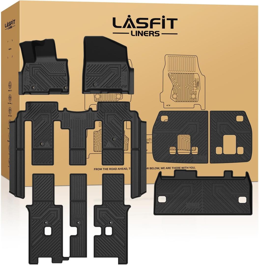 LASFIT Floor Mats & Backrest Mats & Cargo Mat for Kia Carnival Hybrid 8 Seats 2026 2025 (Only Fit Hybrid), All Weather TPE Custom Fit Floor Liners Full Set Car Mats Trunk Mat Accessoires, Black