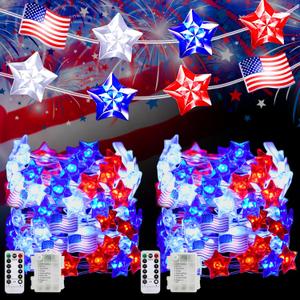 PASUTO 2 Pcs 100 LED 4th of July Decorations American Flag & Star Fairy Lights Battery Operated, 34Ft Mini Red White and Blue Lights Remote Timer with 8 Modes for Home Memorial Day Patriotic Decor