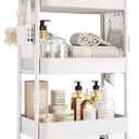 TOOLF 3 Tier Rolling Cart Storage Organizer, Metal Rolling Utility Cart with Wheels, Hooks & Bins Esthetician Craft Art Sturdy Storage with Pegboard for Bathroom, Kitchen, Office, Nursery Diaper (White)