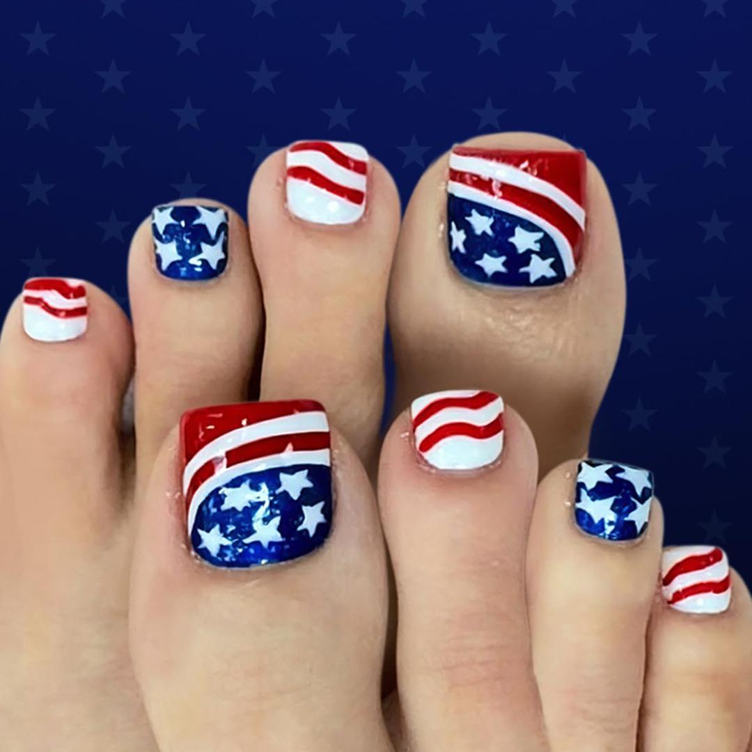24Pcs Independence Day Press on Toenails Short Square WLGDLH 4th of July Toenail Press ons Glossy Fake Toe Nails Star Flag Lines False Toenails Full Cover Acrylic Glitter Glue on Toenail for Women