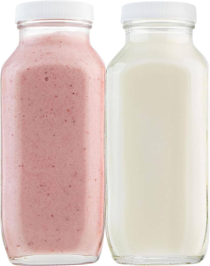 kitchentoolz 16oz Square Glass Milk Bottle with Lid - Airtight Vintage Reusable Dairy Drinking Jars Containers for Milk, Yogurt, Smoothies, Juice, Kefir, & Water - 2 Pack 16 oz Glass Bottles with Lids