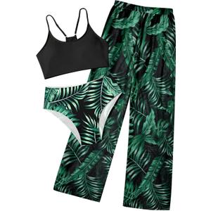 NECIOUS Girls Swimsuit, 3 Piece Bikini Bathing Suit Tropical Floral Swimwear with Cover Up Pants  (13-14 Years, Black Green)
