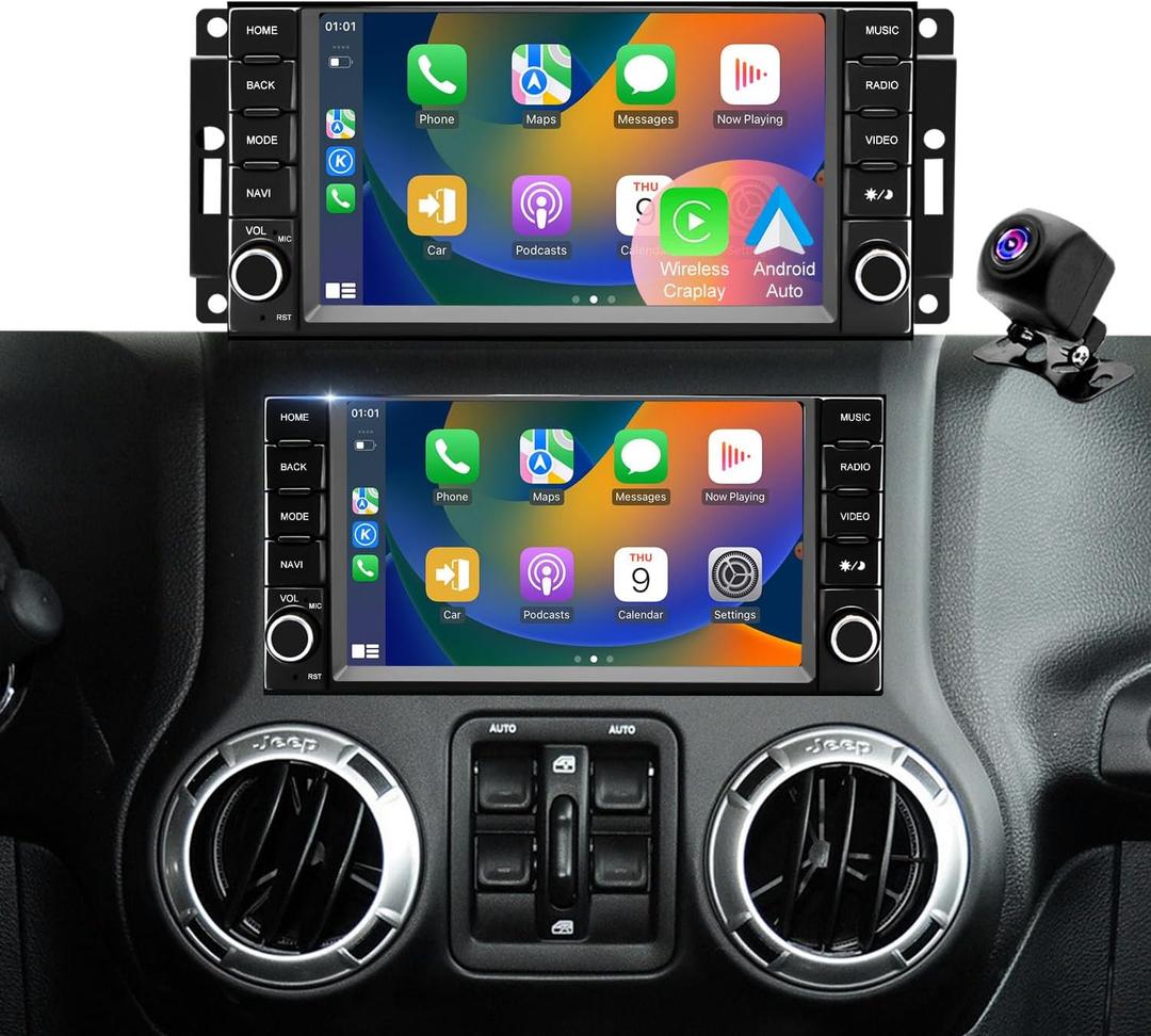 Car Radio for Jeep Wrangler JK 2007-2017, Dodge Ram 1500/2500/3500 2009-2012, Dodge Avenger 2008-2014, Jeep Compass Patriot 2009-2016, Touch Screen Stereo, Wireless CarPlay Bluetooth WiFi GPS FM SWC
