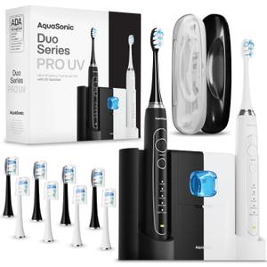 Aquasonic Duo PRO  Ultra Whitening 40,000 VPM Electric ToothBrushes  ADA Accepted - 5 Modes with Smart Timers - UV Sanitizing & Wireless Charging Base - 10 Proflex Brush Heads & 2 Travel Cases