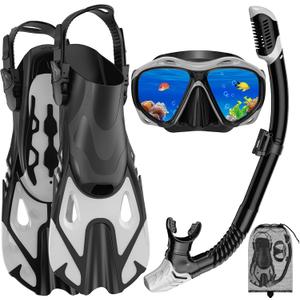 Snorkeling Gear for Adults, Mask Fin Snorkel Set, Dry Top Snorkel Mask, Panoramic View Anti-Leak Anti-Fog 3 in 1 Snorkeling Kit Travel Diving Package with Storage Bag (Large, Gray)