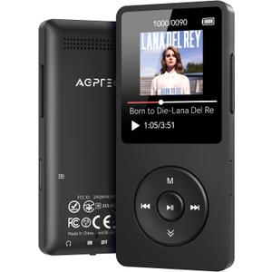 AGPTEK A02 MP3 Player with Bluetooth 5.3, 1.8 inch Screen Portable Music Player with Speaker, FM Radio, Voice Recorder, Supports Expanded Up to 128GB(Black, 64GB)