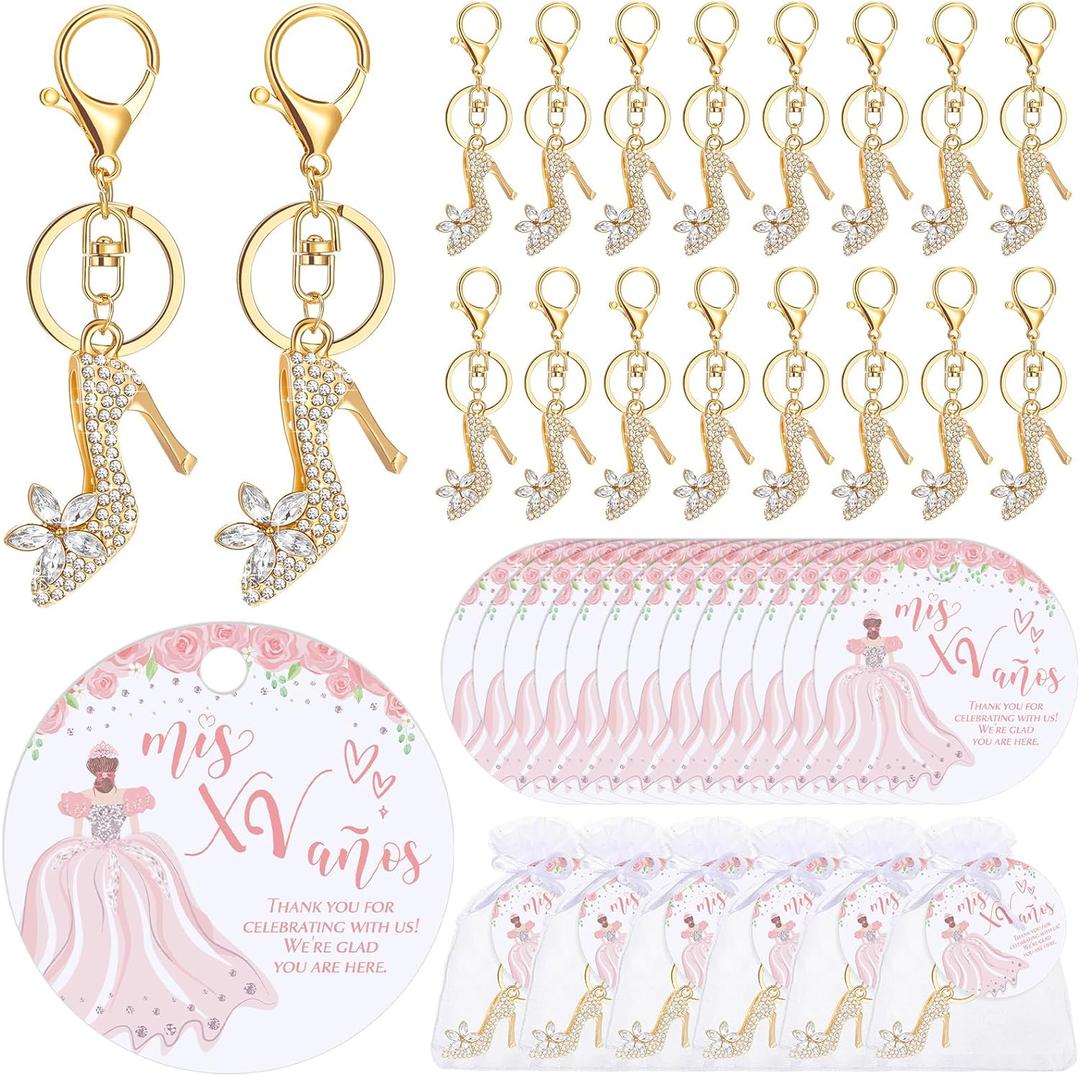 18 Set Quinceanera Party Favors for Guests Bulk High Heel Shoe Keychains Thank You Cards Small Quinceanera Cards Organza Bags for 15 Birthday Guests Girls Gift Party Favors (Classic Style)