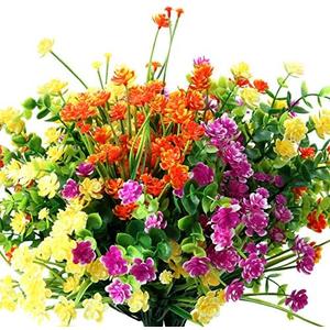 WILLBOND 12 Bundles Artificial Flowers Outdoor, UV Resistant Faux Artificial Plants Shrubs Plastic Flower Bulk for Hanging Planter Porch Window Home Spring Summer Decor(Yellow, Orange, Fuchsia)