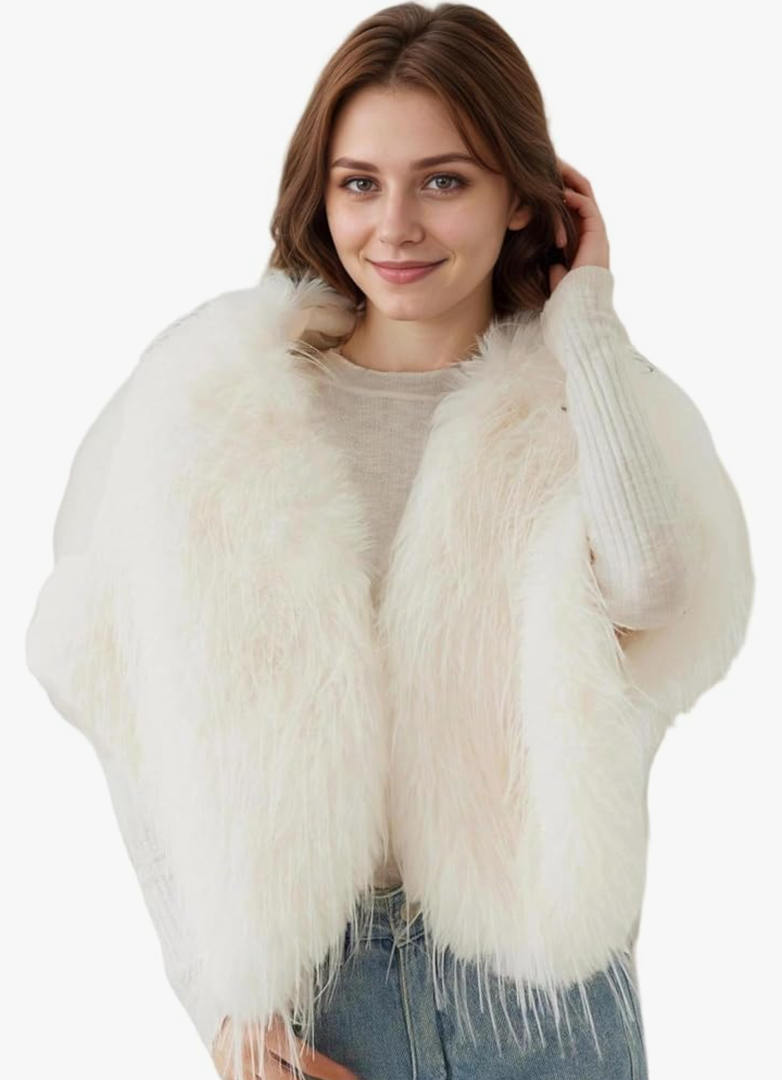 Women Elegant Faux Fur Gown Shawl Flurry Collar Warm Cover Up Fashion Wrap for Bride Wedding Party (White)