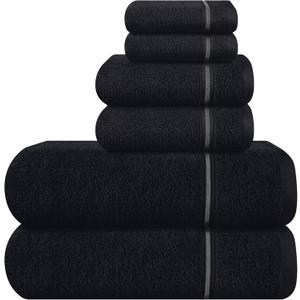 MyOwn Ultra Soft 6 Pack Cotton Towel Set, Contains 2 Bath Towels 28x55 inch, 2 Hand Towels 16x24 inch & 2 Wash Coths 12x12 inch, Ideal Everyday use, Compact & Lightweight - Black