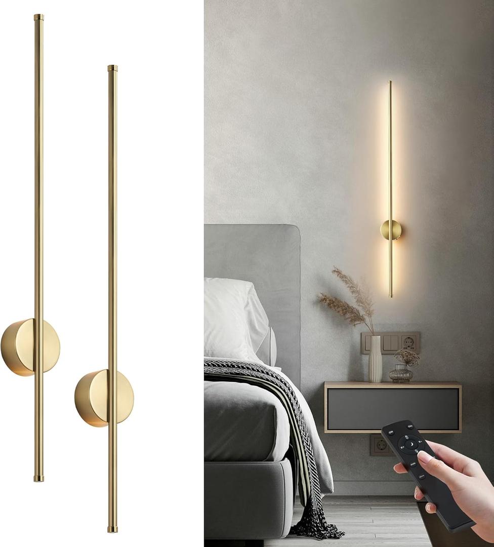 Battery Operated Modern Wall Sconces, Dimmable Wireless Wall Light Set of Two with Remote Control, 3 Color Temperatures, Rechargeable LED Wall Sconce for Bedroom, Living Room, Hallway, 39.3 Inch Brass