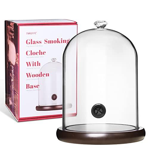 TMKEFFC Smoking Cloche For Food Drinks With Wood Base, Cocktails Smoke Infuser Accessory, Glass Dome for Smoker Gun