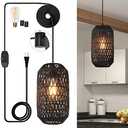 Ruzectt Plug in Pendant Light Rattan Hanging Lights with Plug in Cord 15ft Dimmable Cotton Cord Wicker Boho Hanging Lamps for Kitchen Island Living Room Bedroom Black Light Fixtures (Black-B)