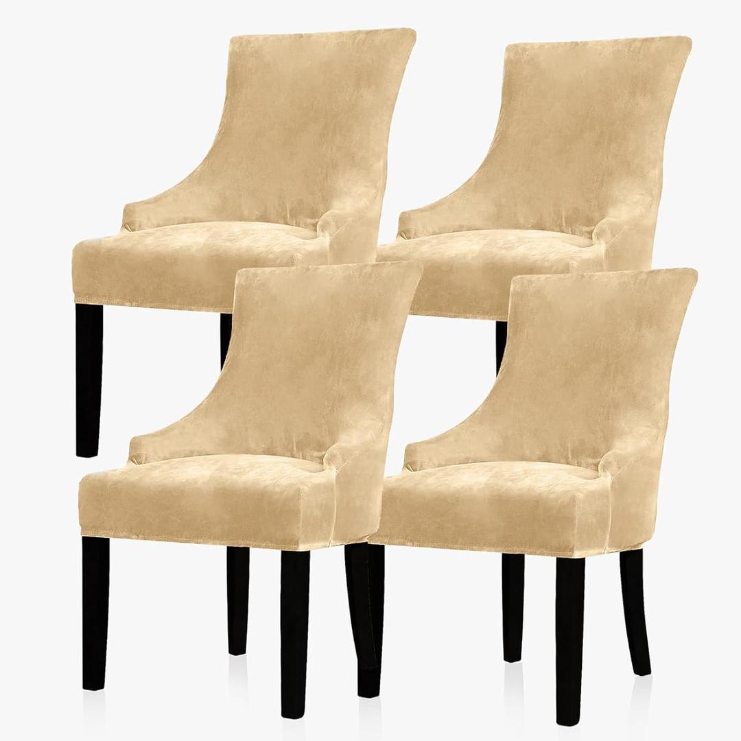Lellen Velvet Stretch Wingback Chair Cover - Reusable Wingback Side Chair Slipcover Chair Seat Cover Chair Protector Cover for Dining Room BanquetSand Color,4PC