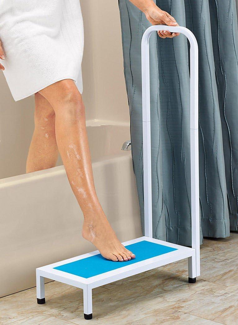 Bath Step with Handle Non Slip Surface Sturdy Aid Bathroom (White and Blue)