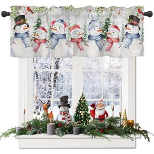 Snowman Curtains Valance for Bedroom Living Room, Christmas Tree Red Cardinals Curtains & Drapes Rod Pocket Seasonal Winter Snowy Scene Valance for Kitchen Window Curtains Over Sink 54x18in,1 Panel