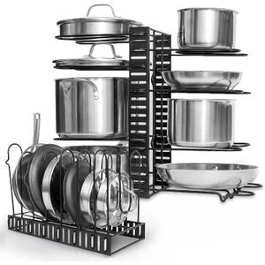 Adjustable Pots and Pans Organizer - 8 Tier Versatile Kitchen Pot Rack for Counter and Cabinet - Easy Setup, 3 DIY Installation Ways, Accommodates 8+ Pots and Pans - Space-Saving Black Design