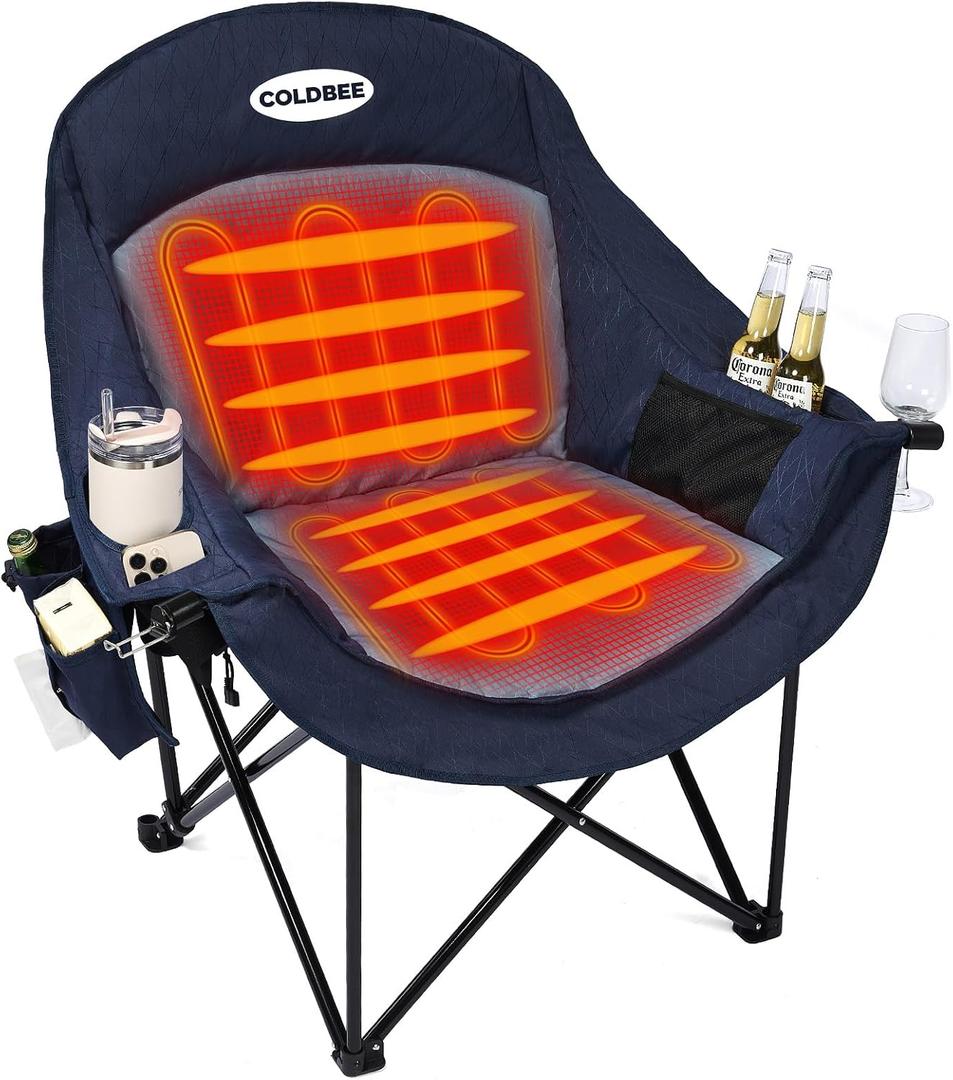 Heated Oversized Camping Chair, Heavy Duty Padded, Thick Headrest, Blue, Single